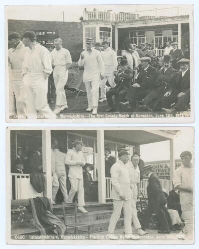 &lsquo;Leicestershire v Warwickshire- The first County Match at Nuneaton, June 13th, 1912&rsquo;. Two rarer early mono real photograph postcards from the match played at Weddington Road, Nuneaton, 13th & 14th June 1912. The images depict the Leicestershire players ex