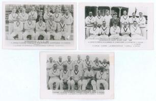 Leicestershire C.C.C. 1947-1949. Three mono real photograph plain back postcards of Leicestershire teams of 1947, 1948 & 1949 seated and standing rows wearing cricket attire. Printed titles and players&rsquo; names to lower borders. Players featured include Ber