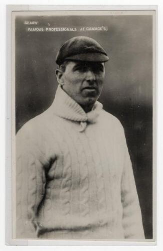 George Geary. Leicestershire & England 1912-1938. Mono real photograph advertising postcard entitled &lsquo;Famous Professionals at Gamage&rsquo;s&rsquo; showing Geary half length, wearing sweater and Leicestershire cap. Signed to verso by Geary in ink. Photographs by Spor
