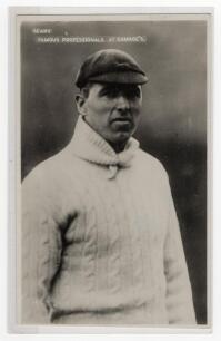 George Geary. Leicestershire & England 1912-1938. Mono real photograph advertising postcard entitled &lsquo;Famous Professionals at Gamage&rsquo;s&rsquo; showing Geary half length, wearing sweater and Leicestershire cap. Signed to verso by Geary in ink. Photographs by Spor