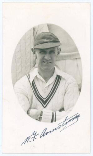 Norman Foster Armstrong. Leicestershire 1919-1939. Mono real photograph postcard of Armstrong in cameo, head and shoulders wearing cricket attire. Nicely signed in black ink to the lower margin by Armstrong. Official stamp to verso for A. Wilkes & Son, We