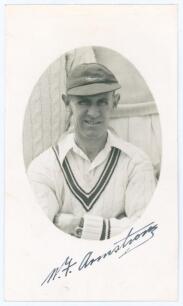 Norman Foster Armstrong. Leicestershire 1919-1939. Mono real photograph postcard of Armstrong in cameo, head and shoulders wearing cricket attire. Nicely signed in black ink to the lower margin by Armstrong. Official stamp to verso for A. Wilkes & Son, We