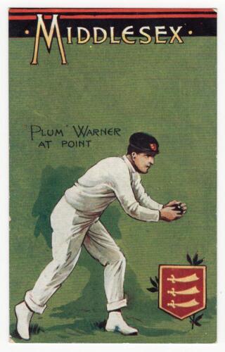 &lsquo;Plum Warner at Point&rsquo;. Early colour postcard with an illustration of Warner depicted in fielding pose on a green background, with decorative &lsquo;Middlesex&rsquo; title and emblem below. Dainty series. Postally unused. Good condition. Rare.