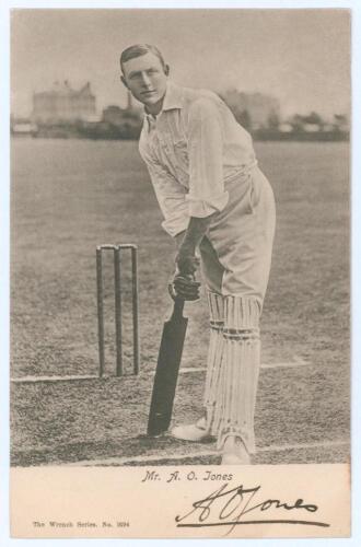 Arthur Owen Jones. Nottinghamshire & England 1892-1914. Early original mono postcard of Jones in batting pose at the wicket. Very nicely signed in black ink &lsquo;A.O. Jones&rsquo;. Wrench Series. No. 1694 from a photograph by Hawkins. Postally unused. Creasing to t