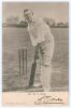 Arthur Owen Jones. Nottinghamshire & England 1892-1914. Early original mono postcard of Jones in batting pose at the wicket. Very nicely signed in black ink &lsquo;A.O. Jones&rsquo;. Wrench Series. No. 1694 from a photograph by Hawkins. Postally unused. Creasing to t