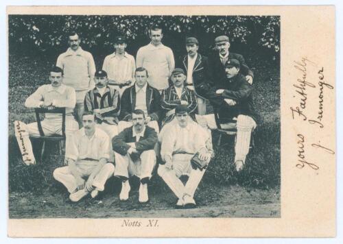 James &lsquo;Jimmy&rsquo; Iremonger. Nottinghamshire 1899-1914. Early mono real photograph postcard of the Nottinghamshire team c.1902 nicely signed in ink to the right margin, &lsquo;Yours faithfully, J. Iremonger&rsquo;. Iremonger&rsquo;s name neatly written to the image where he is
