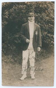 Samuel James &lsquo;Sam&rsquo; Staples. Nottinghamshire & England 1920-1934. Early sepia real photograph postcard of Staples standing full length wearing Nottinghamshire cap and blazer. Nicely signed in black ink to the photograph, &lsquo;Yours truly, S.J. Staples&rsquo;. Publis