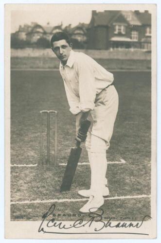Leonard Charles Braund. Surrey, Somerset, London County & England 1896-1920. Early original mono real photograph postcard of Braund, full length at the wicket in batting pose. Printed title to lower portion of the photograph. Very nicely signed in black i