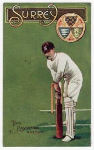 &lsquo;Tom Hayward Batting&rsquo;. Early colour postcard with an illustration of Haywood depicted in batting pose on a green background, with decorative &lsquo;Surrey&rsquo; title and emblem to side. Dainty series. Postally unused. Good condition. Rare.