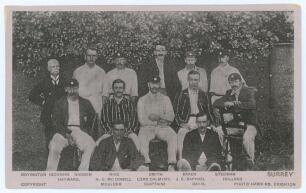 Surrey C.C.C. c.1905. Early mono postcard of the Surrey team seated and standing in rows wearing cricket attire and assorted blazers, some in caps. Printed players&rsquo; names to lower border. Very nicely signed in black ink to the verso by ten Surrey players,