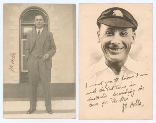 John Berry &lsquo;Jack&rsquo; Hobbs. Surrey & England 1905-1934. Sepia real photograph postcard of Hobbs standing full length wearing a formal suit, cigarette in hand. Signed in ink to the photograph by Hobbs. Publisher unknown. Sold with a mono advertising postcard 