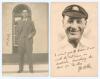John Berry &lsquo;Jack&rsquo; Hobbs. Surrey & England 1905-1934. Sepia real photograph postcard of Hobbs standing full length wearing a formal suit, cigarette in hand. Signed in ink to the photograph by Hobbs. Publisher unknown. Sold with a mono advertising postcard 