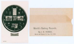 Jack Hobbs. Mono real photograph plainback postcard depicting Hobbs&rsquo; &lsquo;World&rsquo;s Batting Records 1925&rsquo;. With rare original paper sleeve with printed wording &lsquo;World&rsquo;s Batting Records. By J.B. Hobbs. Surrey & England XI. Aug. 17th 1925&rsquo;. The card rarely seen w