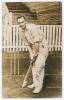 John Berry &lsquo;Jack&rsquo; Hobbs. Surrey & England 1905-1934. Original sepia real photograph postcard of Hobbs standing full length in batting pose in the nets. Nicely signed in ink to the photograph by Hobbs with greeting handwritten to top corner &lsquo;To F.G. Berkel