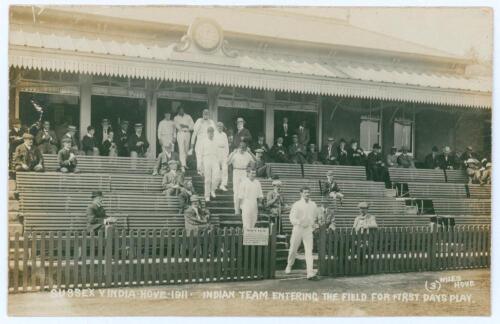 &lsquo;Sussex v India Hove 1911. Indian team entering the field for first day&rsquo;s play&rsquo;. Rare sepia real photograph postcard for the match played at Hove, 21st- 23rd August 1911. The postcard shows the Indian players being led on to the field from the pavilion by