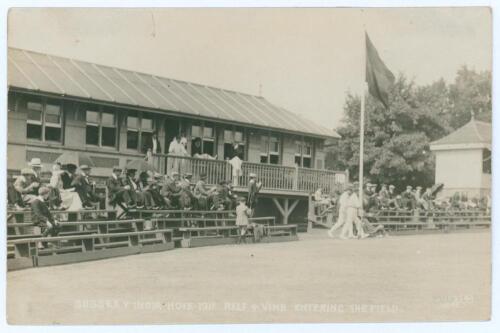 &lsquo;Sussex v India Hove 1911. Relf & Vine entering the field&rsquo;. Rare sepia real photograph postcard for the match played at Hove, 21st- 23rd August 1911. The postcard shows opening batsmen, R.R. Relf and Joe Vine, walking out to bat for Sussex. Wiles of Hove,