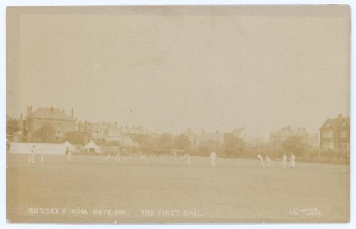 &lsquo;Sussex v India Hove 1911. The first Ball&rsquo;. Rare sepia real photograph postcard for the match played at Hove, 21st- 23rd August 1911. The postcard shows Salam-ud-din bowling the first ball of the match to R.R. Relf of Sussex. Wiles of Hove, no. 5. Postall