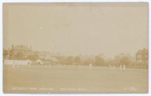 &lsquo;Sussex v India Hove 1911. The first Ball&rsquo;. Rare sepia real photograph postcard for the match played at Hove, 21st- 23rd August 1911. The postcard shows Salam-ud-din bowling the first ball of the match to R.R. Relf of Sussex. Wiles of Hove, no. 5. Postall