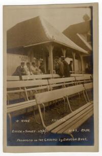 &lsquo;Essex v Sussex 1911&rsquo;. Sepia real photograph postcard showing the pavilion with &lsquo;Players Only&rsquo; sign taken in a rain delay at 11.45. Vine and Killick are highlighted on the card. Postcard by Dawson Brothers of Wanstead. Good condition
