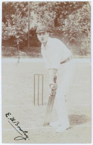 Edward Henry &lsquo;Ted&rsquo; Bowley. Sussex, Auckland & England 1912-1934. Sepia real photograph postcard of Bowley standing full length at the wicket in batting pose wearing a Sussex cap. Printed title &lsquo;Bowley&rsquo; with &lsquo;F&rsquo; in diamond below. Very nicely signed in blac