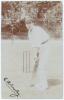 Edward Henry &lsquo;Ted&rsquo; Bowley. Sussex, Auckland & England 1912-1934. Sepia real photograph postcard of Bowley standing full length at the wicket in batting pose wearing a Sussex cap. Printed title &lsquo;Bowley&rsquo; with &lsquo;F&rsquo; in diamond below. Very nicely signed in blac