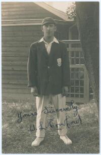 Walter Latter &lsquo;Tich&rsquo; Cornford. Sussex & England 1921-1947. Sepia real photograph postcard of Cornford standing full length wearing cricket attire, Sussex cap and blazer. Nicely signed in ink to the photograph by Cornford. Official stamps to verso for Nias