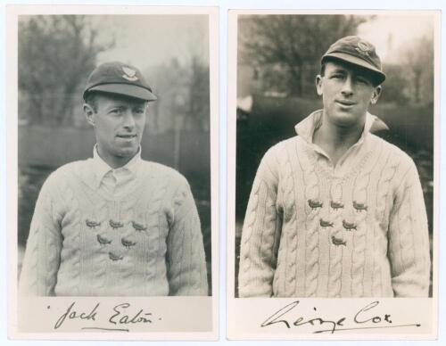 George Cox (Sussex 1931-1960) and Vivian John &lsquo;Jack&rsquo; Eaton (Sussex 1926-1946). Two sepia real photograph postcards of Cox and Eaton, both depicted half length wearing Sussex cap and sweater. Each with facsimile signature lower margin. Publishers unknown. 