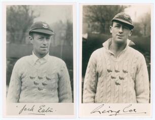 George Cox (Sussex 1931-1960) and Vivian John &lsquo;Jack&rsquo; Eaton (Sussex 1926-1946). Two sepia real photograph postcards of Cox and Eaton, both depicted half length wearing Sussex cap and sweater. Each with facsimile signature lower margin. Publishers unknown. 