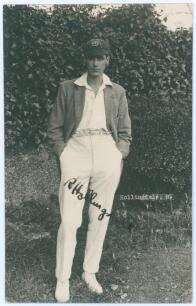 Reginald Allen &lsquo;Reg&rsquo; Hollingdale. Sussex 1925-1930. Mono real photograph postcard of Hollingdale standing full length wearing cricket attire, cap and blazer. Signed in ink to the photograph by Hollingdale. Printed title &lsquo;Hollingdale, R&rsquo;. Blind embossed st