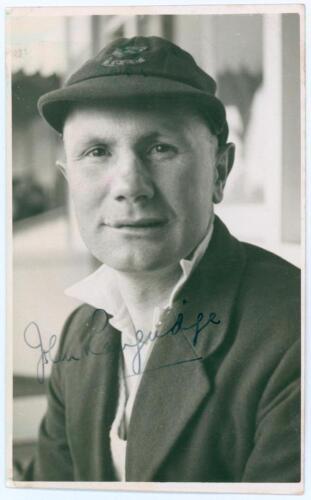 John George Langridge. Sussex 1928-1955. Mono real photograph plain back postcard of Langridge, head and shoulders wearing Sussex cap. Signed in ink to the photograph by Langridge. Official stamp to verso for A. Wilkes & Son, West Bromwich. Postally unuse