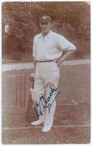 George Leach. Sussex 1903-1914. Early sepia real photograph postcard of Leach standing full length at the wicket leaning on his bat, wearing Sussex cap. Very nicely signed in ink to the photograph by Leach. Appears to be by Foster of Brighton. Postally un