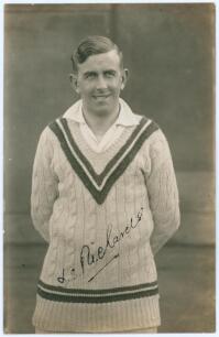 Dick Stanley Richards. Sussex 1927-1935. Sepia real photograph postcard of Richards standing three quarter length wearing cricket attire. Signed in ink to the photograph by Richards. Deane, Wiles & Millar of Brighton. Postally unused. Very good condition.