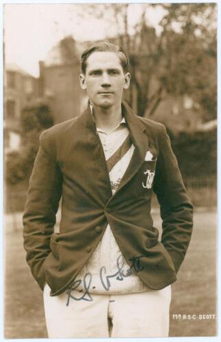 Robert Strickland Gilbert Scott. Oxford University & Sussex 1930-1939. Sepia real photograph postcard of Scott standing three quarter length wearing cricket attire and Oxford blazer. Nicely signed in ink to the photograph by Scott. Printed title &lsquo;Mr. R.S.
