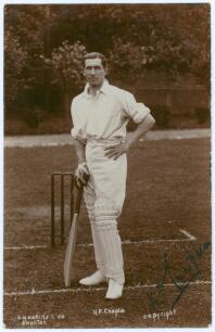 Herbert Percy Chaplin. Europeans & Sussex 1904-1914. Early sepia real photograph postcard of Chaplin standing full length at the wicket, leaning on his bat. Nicely signed in ink to the lower right hand corner of the photograph by Chaplin. Printed title &lsquo;H