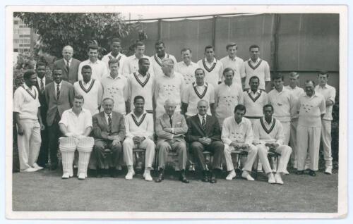 West Indies tour to England 1966. Mono real photograph plain back postcard of the West Indies and Sussex teams and official seated and standing in rows, the players wearing cricket attire for the tour match played at Hove, 11th- 13th June 1966. Players fe