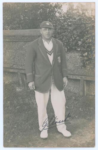 George Benjamin Street. Sussex & England 1909-1923. Sepia real photograph postcard of Street standing full length wearing M.C.C. tour cap and blazer, c.1923. Nicely signed in black ink to the photograph by Street. Official stamp to verso for Nias of Brigh