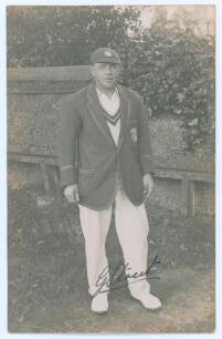 George Benjamin Street. Sussex & England 1909-1923. Sepia real photograph postcard of Street standing full length wearing M.C.C. tour cap and blazer, c.1923. Nicely signed in black ink to the photograph by Street. Official stamp to verso for Nias of Brigh