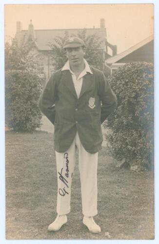 George Arthur Stannard. Sussex 1914-1925. Sepia real photograph postcard of Stannard standing full length wearing Sussex cap and blazer. Nicely signed in black ink to the photograph by Stannard. Official stamp to verso for Nias of Brighton. Postally unuse