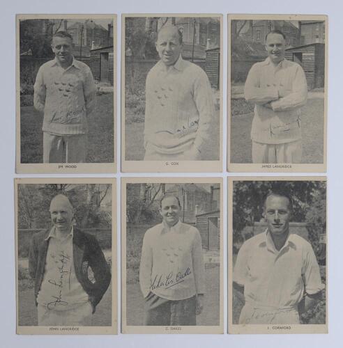 Sussex postcards late 1940s. Fully set of six mono printed postcards, each depicting a Sussex player three quarter length in cricket attire. Published by Kilroy Ltd, Kingsway, Hove. Players are Jim Wood, G. Cox, James Langridge, John Langridge, C. Oakes, 