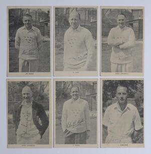 Sussex postcards late 1940s. Fully set of six mono printed postcards, each depicting a Sussex player three quarter length in cricket attire. Published by Kilroy Ltd, Kingsway, Hove. Players are Jim Wood, G. Cox, James Langridge, John Langridge, C. Oakes, 