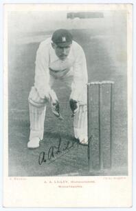 Arthur Frederick Augustus &lsquo;Dick&rsquo; Lilley. Warwickshire, London County & England 1894-1911. Early mono postcard of Lilley crouching at the stumps in wicket-keeping attire wearing Warwickshire cap. Printed title in red to lower margin. Nicely signed in black