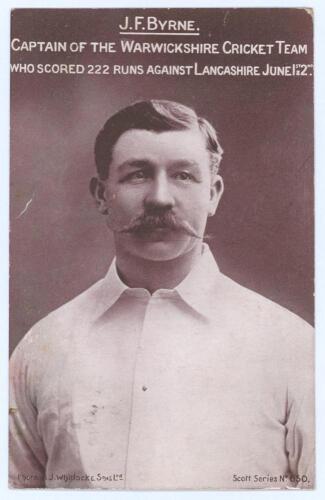 James Frederick &lsquo;Fred&rsquo; Byrne. Warwickshire 1897-1912. Early postcard printed in mauve of Byrne depicted head and shoulders. Printed title to top &lsquo;J.F. Byrne. Captain of the Warwickshire Cricket Team who scored 222 runs against Lancashire June 1st & 2nd [1