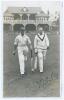 R.E.S Wyatt and W.E. Astill. Scarborough c.1928. Mono real photograph plain back postcard of Bob Wyatt (Warwickshire, Worcestershire & England 1923-1951) and Ewart Astill (Leicestershire & England 1906-1939) walking out to bat at Scarborough, the pavilion