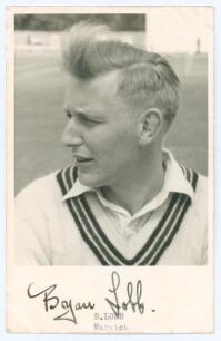 Bryan Lobb. Warwickshire & Somerset 1953-1969. Mono real photograph plain back postcard of Lobb, head and shoulders wearing cricket attire. Nicely signed in black ink to the lower margin by Lobb with typed title &lsquo;B. Lobb, Warwick&rsquo;. Publisher unknown. Post