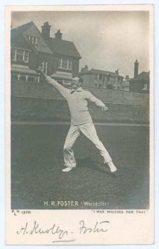 Henry Knollys &lsquo;Harry&rsquo; Foster. Oxford University & Worcestershire 1894-1925. Mono real photograph postcard of Foster in fielding pose catching a ball with title &lsquo;H.R.[sic] Foster (Worcester). I was waiting for that&rsquo;. Very nicely signed in black ink by Fost