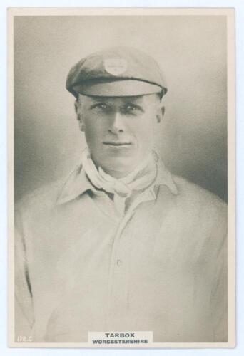 Charles Victor Tarbox. Worcestershire 1921-1929. Phillips &lsquo;Pinnace&rsquo; premium issue cabinet size mono real photograph trade card of Tarbox, half length, wearing Worcestershire cap. No. 172.C. 4&rdquo;x6&rdquo;. G/VG