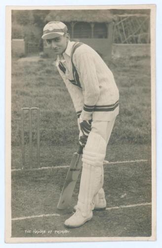 Iftikhar Ali Khan, Nawab of Pataudi. Oxford University, Worcestershire, England & India 1928-1946. Mono real photograph postcard of a youthful Pataudi standing full length at the crease in batting pose, titled &lsquo;The Nawab of Pataudi&rsquo;. B.C. Flemons of Tonbr