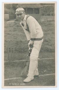 Iftikhar Ali Khan, Nawab of Pataudi. Oxford University, Worcestershire, England & India 1928-1946. Mono real photograph postcard of a youthful Pataudi standing full length at the crease in batting pose, titled &lsquo;The Nawab of Pataudi&rsquo;. B.C. Flemons of Tonbr