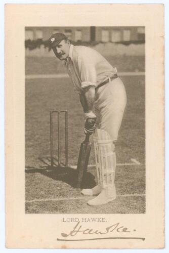 Lord Martin Bladen Hawke. Cambridge University, Yorkshire & England 1881-1912. Early sepia postcard of Hawke in batting pose at the crease. Nicely signed in ink to lower border &lsquo;Hawke&rsquo;. Wrench series no. 2933. Postally unused. Some creasing to corners, ni