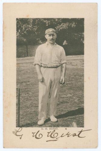 George Herbert Hirst. Yorkshire & England 1891-1929. Early sepia postcard of Hirst standing full length at the wicket, ball in hand, wearing Yorkshire cap. Nicely signed in black ink &lsquo;G.H. Hirst&rsquo; to the lower border. Wrench series 1391. Postally unused. S